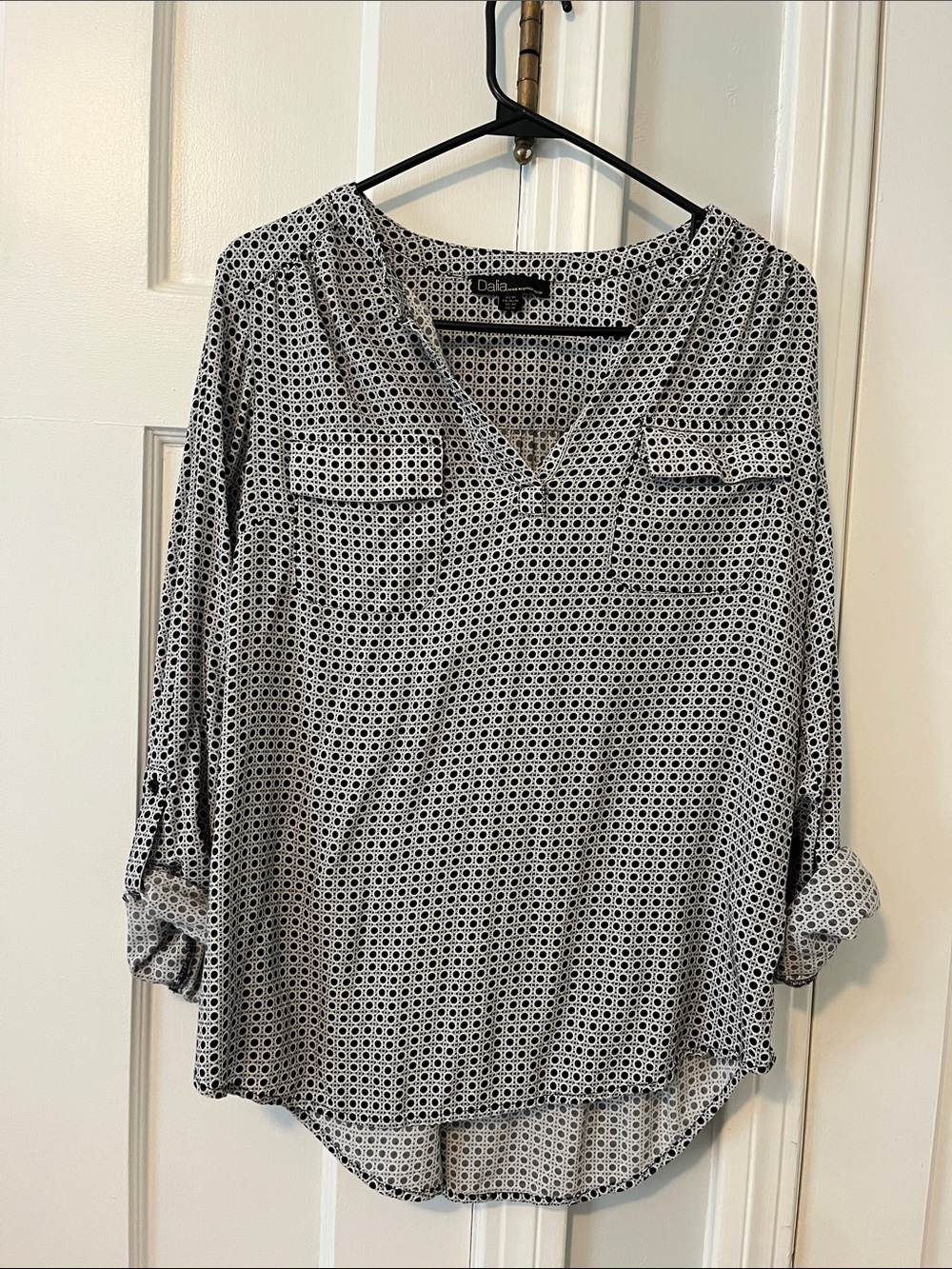 Dalia Black and White Patterned V-Neck Blouse